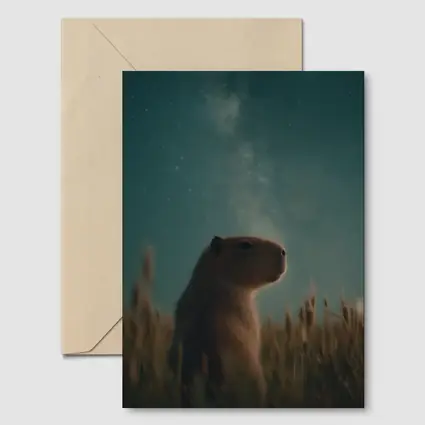 Capybara Sitting In Field Starry Night