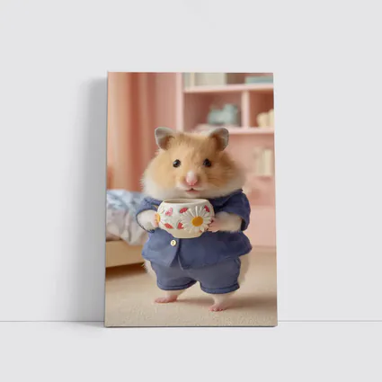 Hamster Wearing Blue Outfit Holding Cup