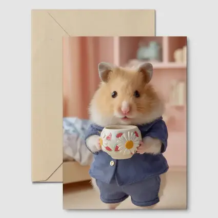 Hamster Wearing Blue Outfit Holding Cup