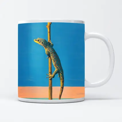 Gecko Climbing Stick Blue Minimalist Background