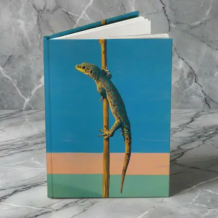 Gecko Climbing Stick Blue Minimalist Background