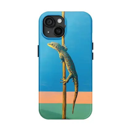 Gecko Climbing Stick Blue Minimalist Background