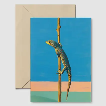 Gecko Climbing Stick Blue Minimalist Background