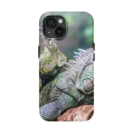 Two Green Iguanas Resting on Wood