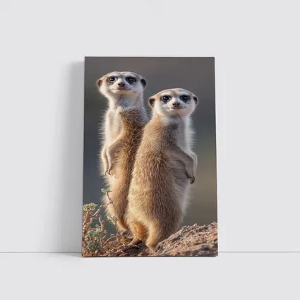 Two Meerkats Standing Alert Desert Background