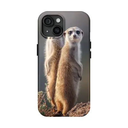 Two Meerkats Standing Alert Desert Background
