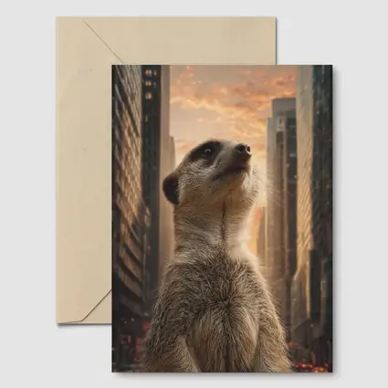 Meerkat Standing Tall City Skyline Sunset