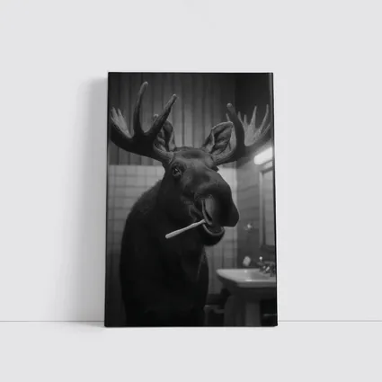 Moose Brushing Teeth in Bathroom Black White