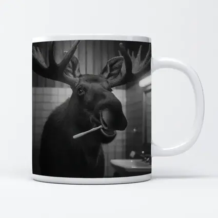 Moose Brushing Teeth in Bathroom Black White