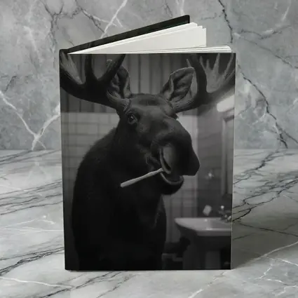 Moose Brushing Teeth in Bathroom Black White