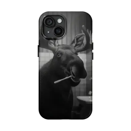 Moose Brushing Teeth in Bathroom Black White