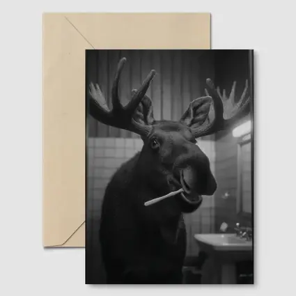 Moose Brushing Teeth in Bathroom Black White