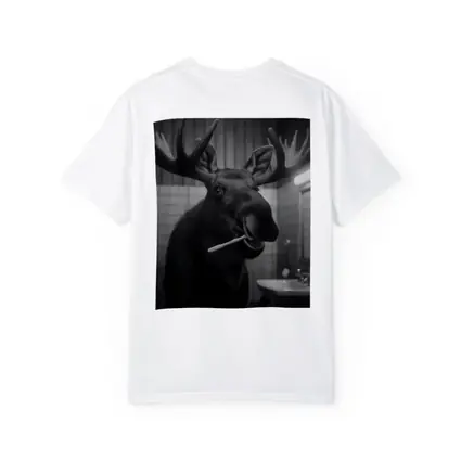 Moose Brushing Teeth in Bathroom Black White