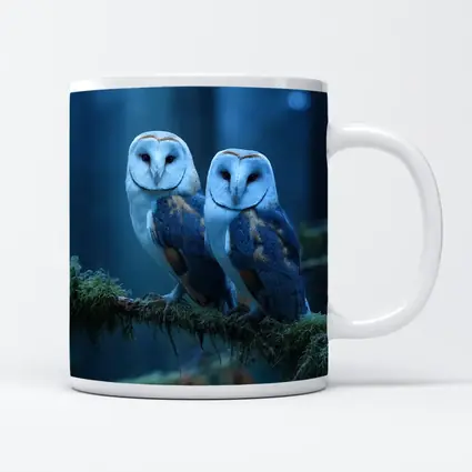 Two Barn Owls Perched Misty Blue Forest