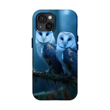 Two Barn Owls Perched Misty Blue Forest