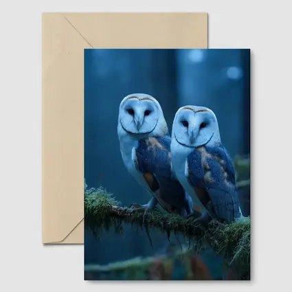 Two Barn Owls Perched Misty Blue Forest