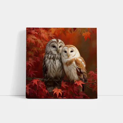 Two Barn Owls Perched Autumn Red Leaves