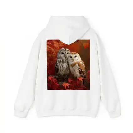 Two Barn Owls Perched Autumn Red Leaves