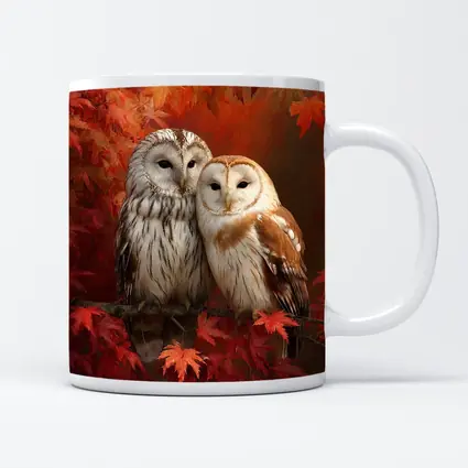 Two Barn Owls Perched Autumn Red Leaves