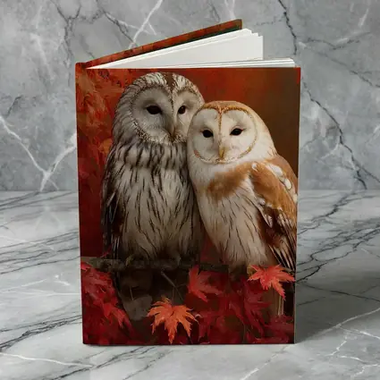 Two Barn Owls Perched Autumn Red Leaves