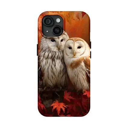 Two Barn Owls Perched Autumn Red Leaves