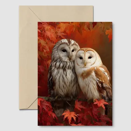 Two Barn Owls Perched Autumn Red Leaves