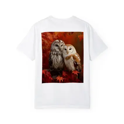 Two Barn Owls Perched Autumn Red Leaves