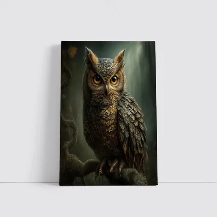 Great Horned Owl Perched Dark Forest