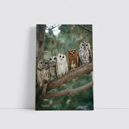 Five Owls Perched On Branch Forest