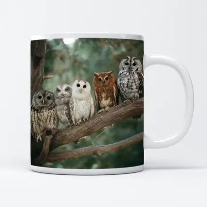 Five Owls Perched On Branch Forest