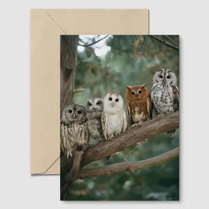 Five Owls Perched On Branch Forest