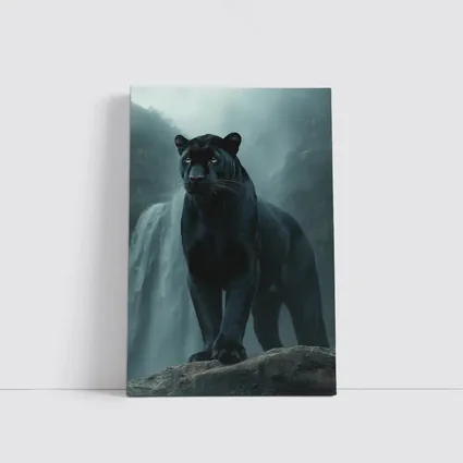 Black Panther Standing Before Misty Waterfall