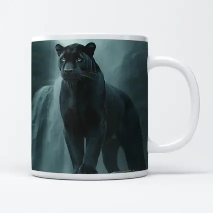 Black Panther Standing Before Misty Waterfall