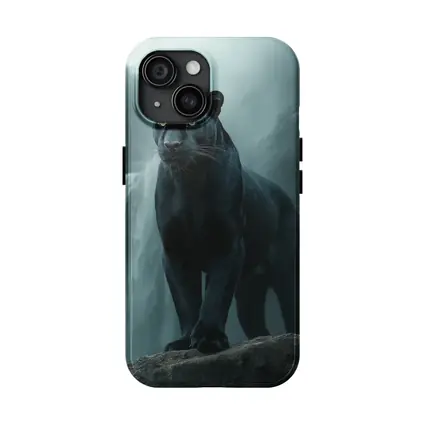 Black Panther Standing Before Misty Waterfall