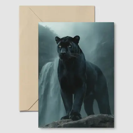 Black Panther Standing Before Misty Waterfall