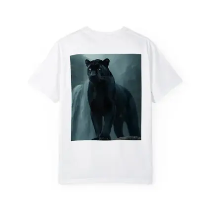 Black Panther Standing Before Misty Waterfall