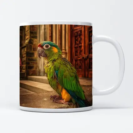 Green Parrot Perched Outside Stone Cathedral