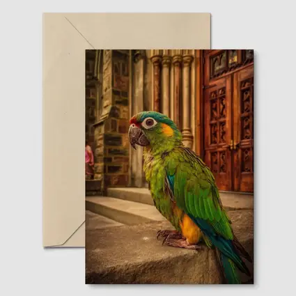 Green Parrot Perched Outside Stone Cathedral