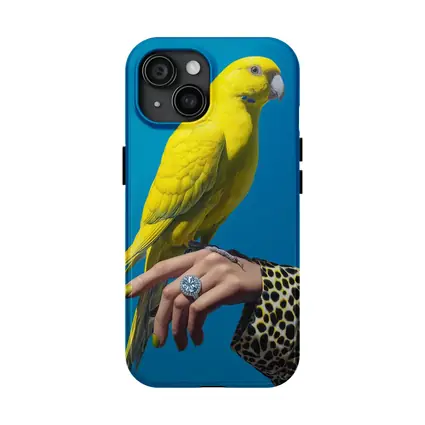 Yellow Parrot on Hand Blue Background