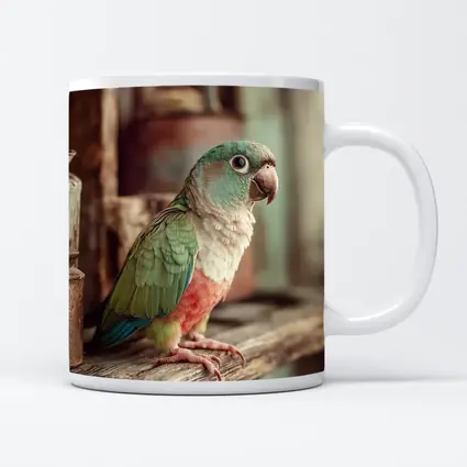 Green Parrot Perched on Rustic Wooden Shelf