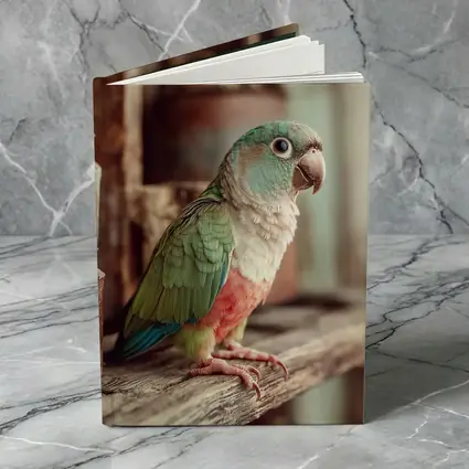 Green Parrot Perched on Rustic Wooden Shelf