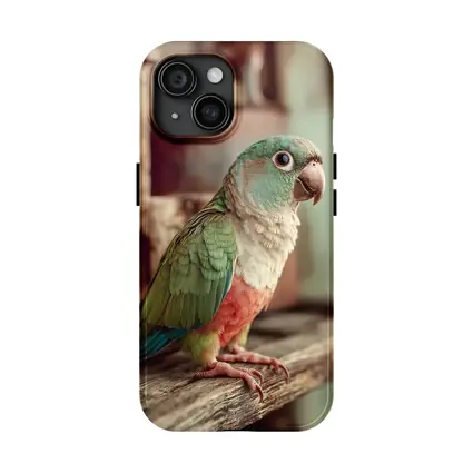 Green Parrot Perched on Rustic Wooden Shelf