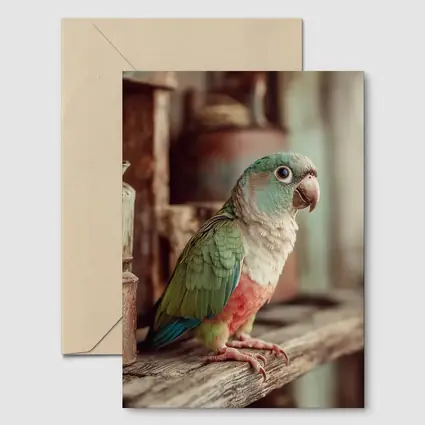 Green Parrot Perched on Rustic Wooden Shelf