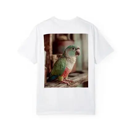 Green Parrot Perched on Rustic Wooden Shelf