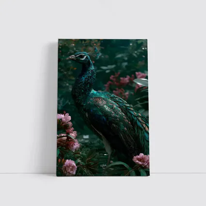 Peacock Standing Among Pink Garden Flowers