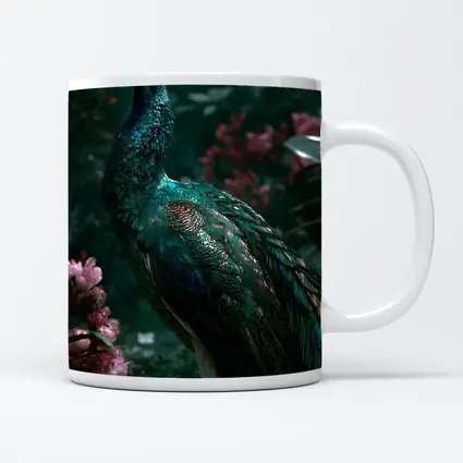 Peacock Standing Among Pink Garden Flowers