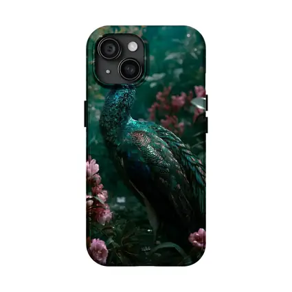 Peacock Standing Among Pink Garden Flowers
