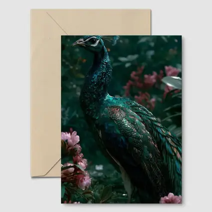 Peacock Standing Among Pink Garden Flowers