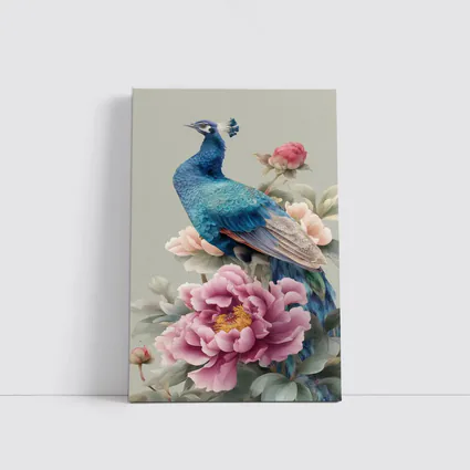 Blue Peacock With Pink Peonies Floral Art