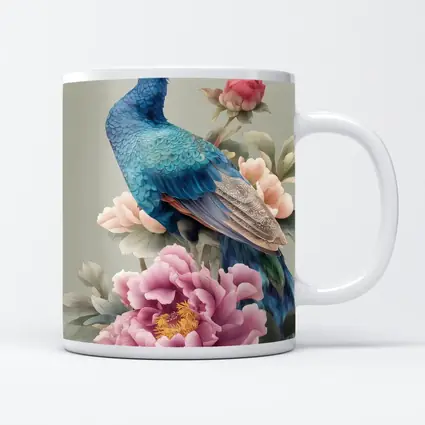Blue Peacock With Pink Peonies Floral Art
